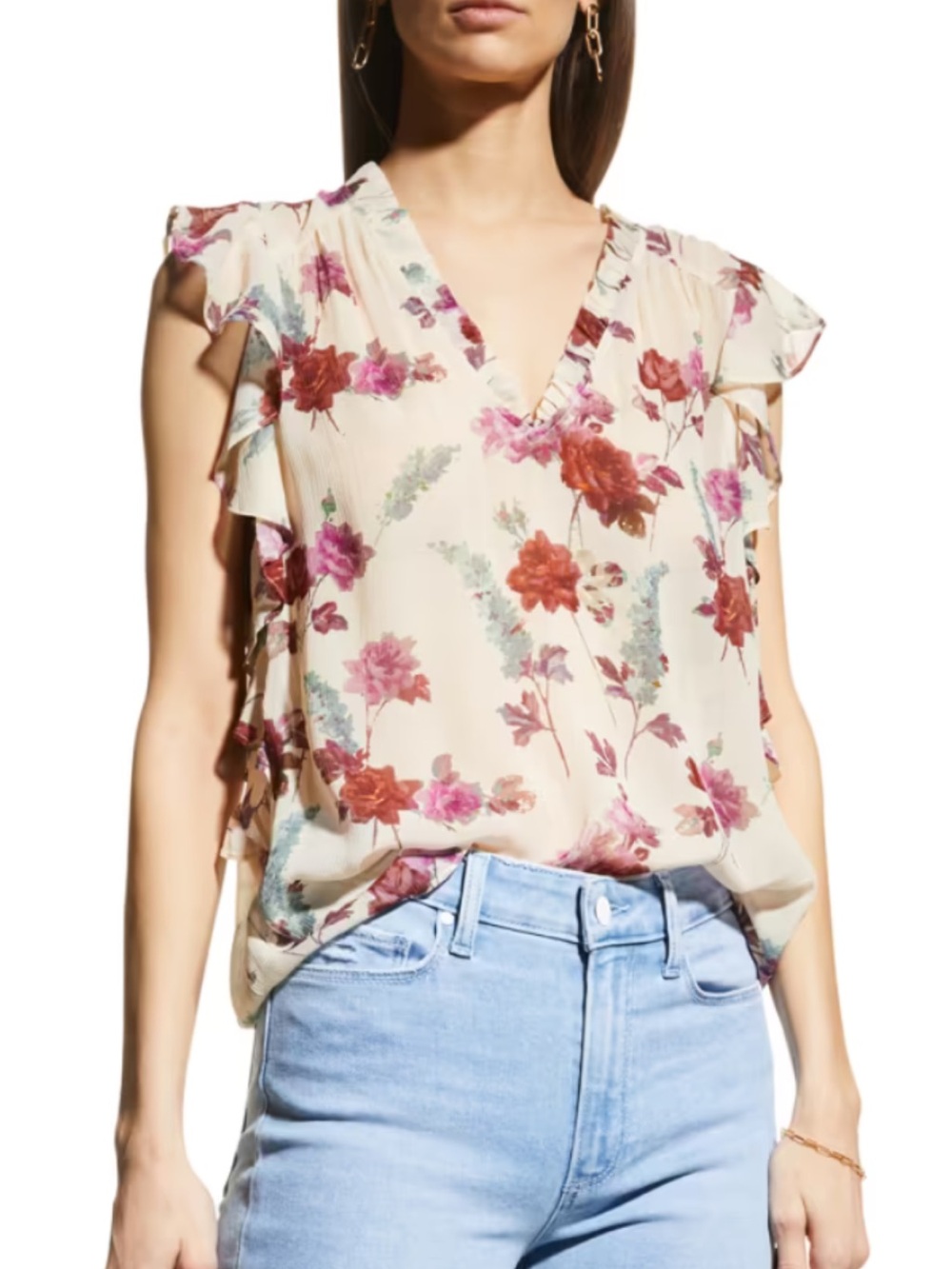 PAIGE Cream Floral V-Neck Ruffle Sleeve Blouse